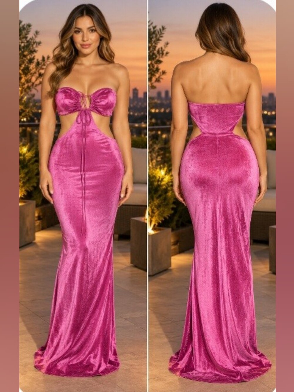 Strapless Velvet Cutout Evening Dress in Fuchsia